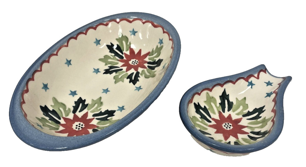 Ceramika Wiza Polish Pottery Christmas Poinsettia 8" Oval Dish Spoon Rest Set 2